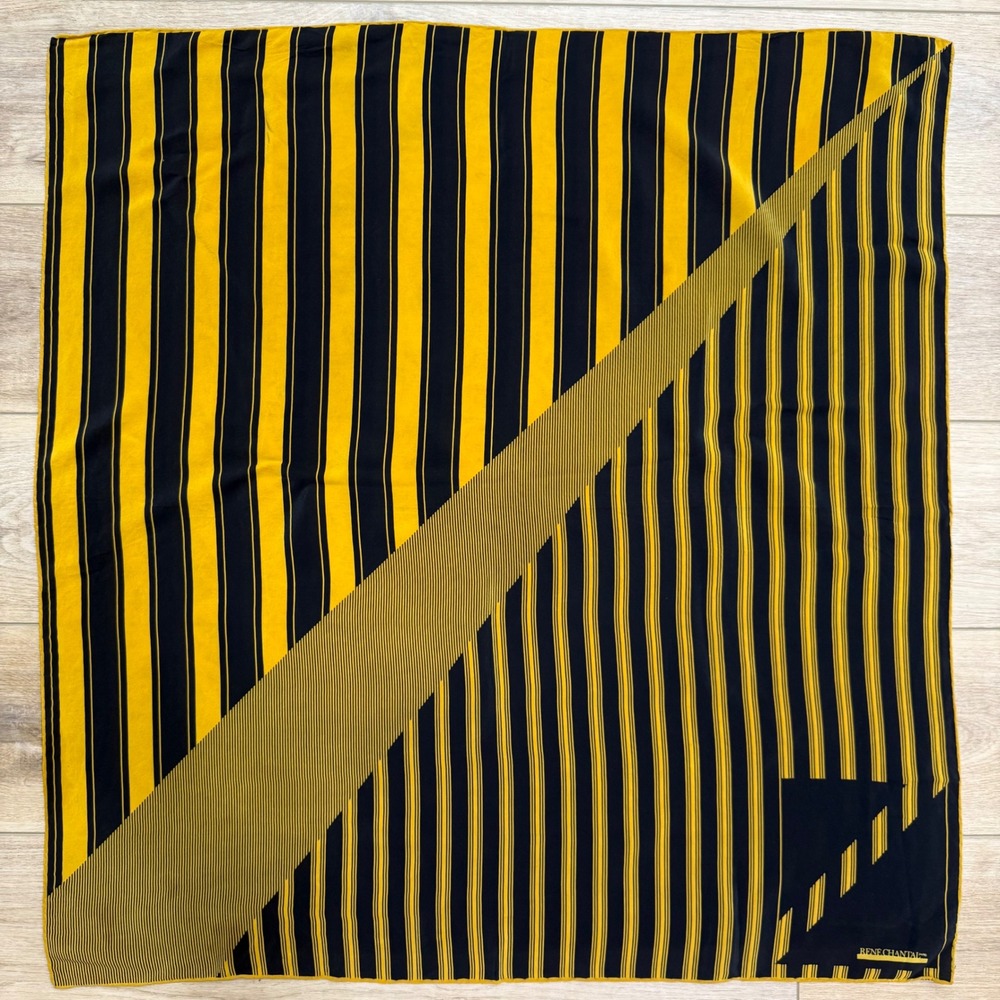 Rene Chantal Paris Silk Scarf Yellow Black Striped Hand Rolled Modern Square 34"